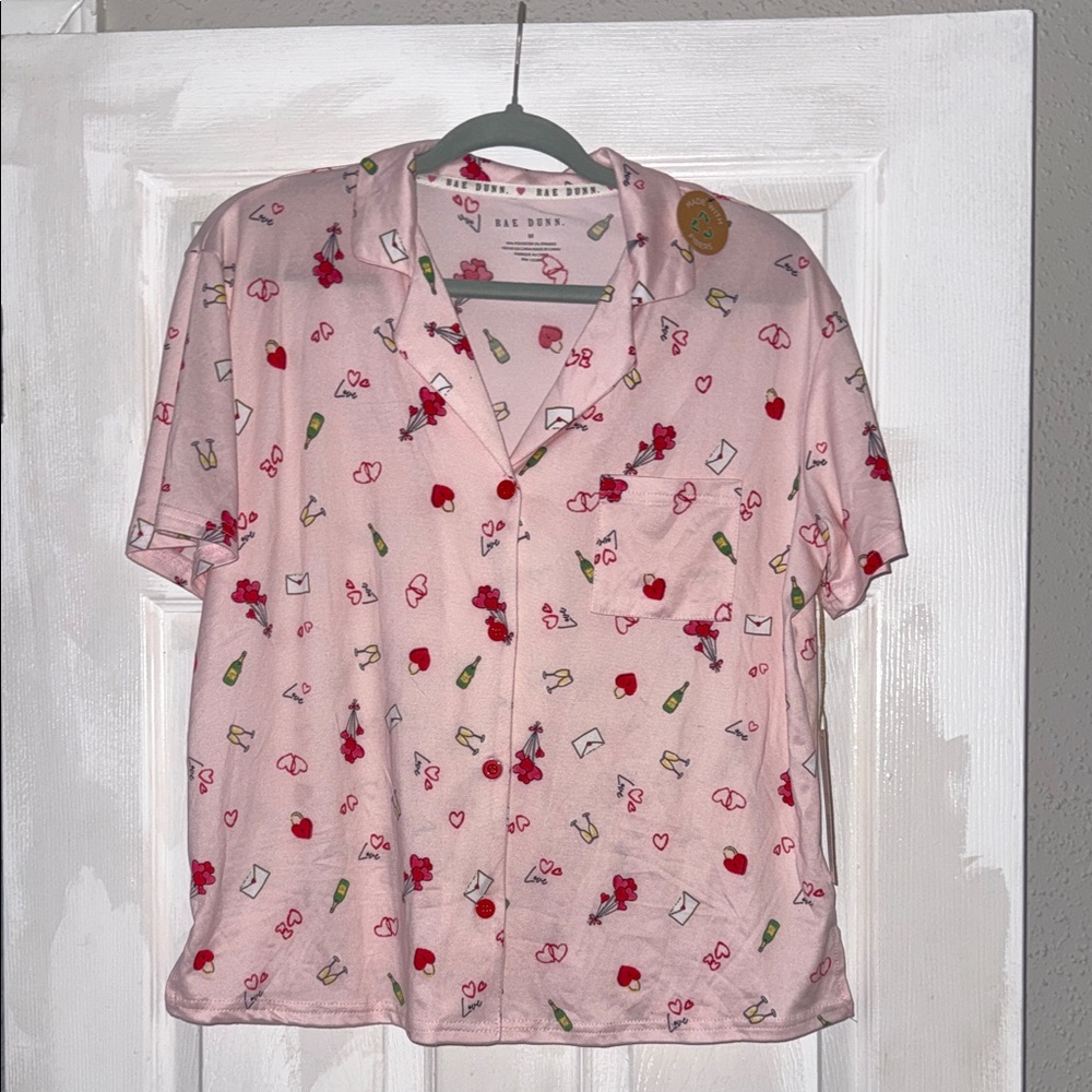 Rae Dunn Pink Short-Sleeve Button-Down Shirt with Playful Print
